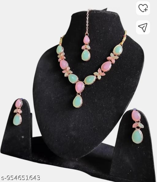 Elegant Multi Colour Stone Gold Plated Jewellery Set with Necklace, Earrings & Maang Tikka - amamestyle