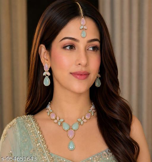 Elegant Multi Colour Stone Gold Plated Jewellery Set with Necklace, Earrings & Maang Tikka - amamestyle