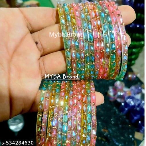 Glass Bangles with Zircon Gemstone & Bead Detailing - Glossy Finish Chudi Set for Women & Girls - amamestyle