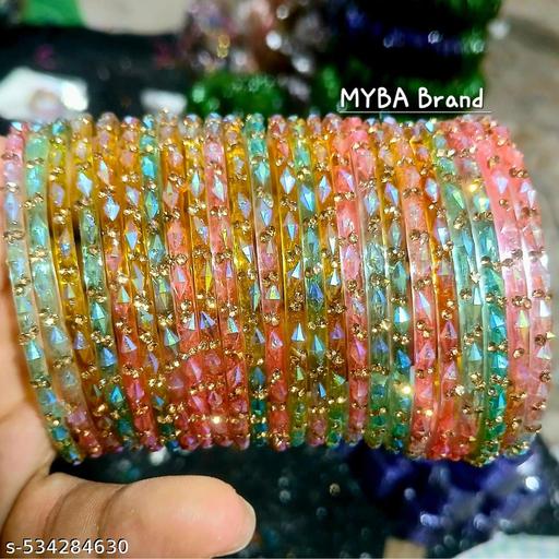 Glass Bangles with Zircon Gemstone & Bead Detailing - Glossy Finish Chudi Set for Women & Girls - amamestyle