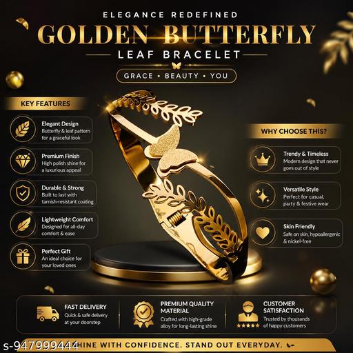 18k Gold Plated Demi Fine Mia Gold Buterfly Leaf Bracelet Hollow Design With Buterfly Centerpiece Surrounded By Delicate Leaves Perfect For Anti Tarnish Bracelet for Daily Use And Office Wear - amamestyle