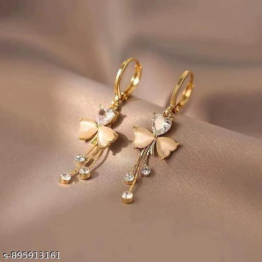 Ethonica Gold-Tone Butterfly Drop Earrings with Crystal Tassel and Opal Heart Accents - amamestyle