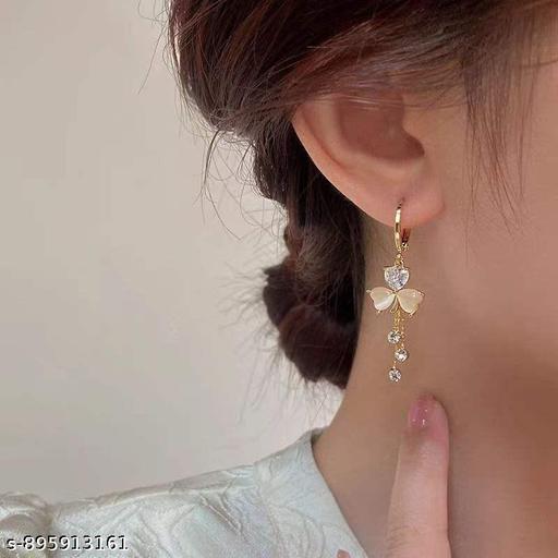 Ethonica Gold-Tone Butterfly Drop Earrings with Crystal Tassel and Opal Heart Accents - amamestyle