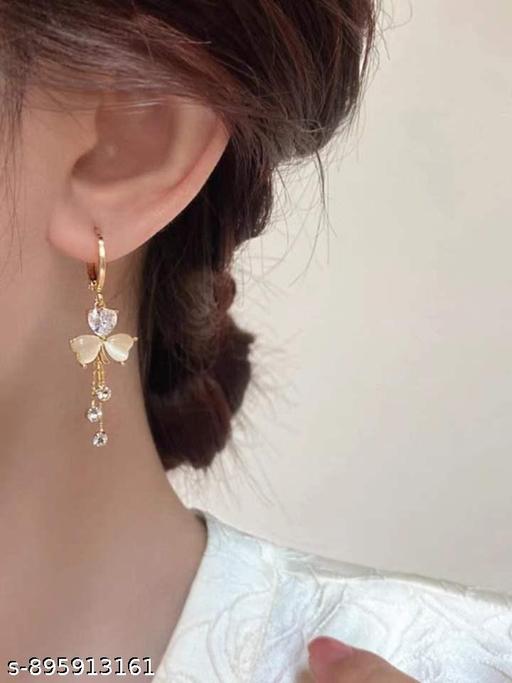Ethonica Gold-Tone Butterfly Drop Earrings with Crystal Tassel and Opal Heart Accents - amamestyle