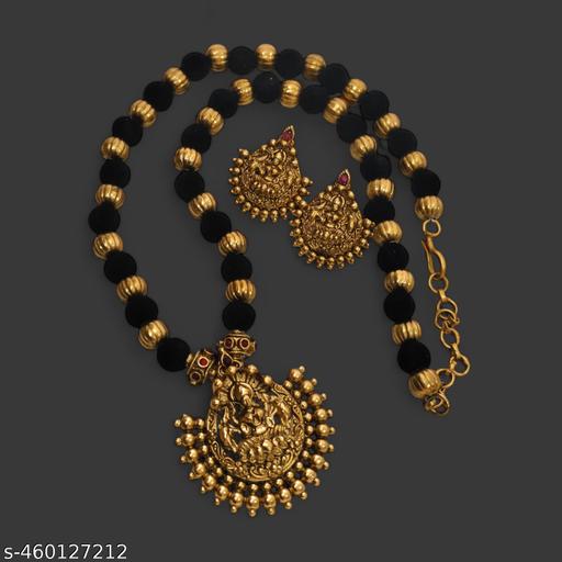 Gold plated Black velvet Laxmi pendent short Hara/ Trendy chain/pendent chain. - amamestyle