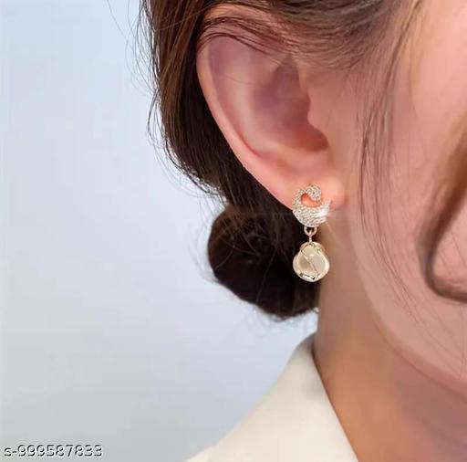 Trendy Korean Earrings | Crystal Heart Pearl Drop & Swan Charm Dangler Earrings for Women & Girls | Earring for Girls | Earring for Woman | Gift for Girls | Rakhi Gift | Girls Gift for Rakhi - amamestyle