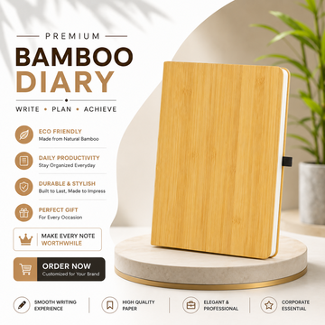 Natural Bamboo Cover Diary with Pen Loop for Journaling, Office Notes and Gifting - Anuloria 