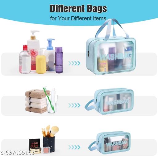 NAREVAL (Set Of 3) 3 In 1 Wash Bag ash Bag Pouch for Travel Kit Toiletry Bag Cosmetic Bag Make Up Box for Brushes Accessories with Handle Large Capacity Translucent Waterproof Travel Storage Organizer Set of 3 - Ariva Store
