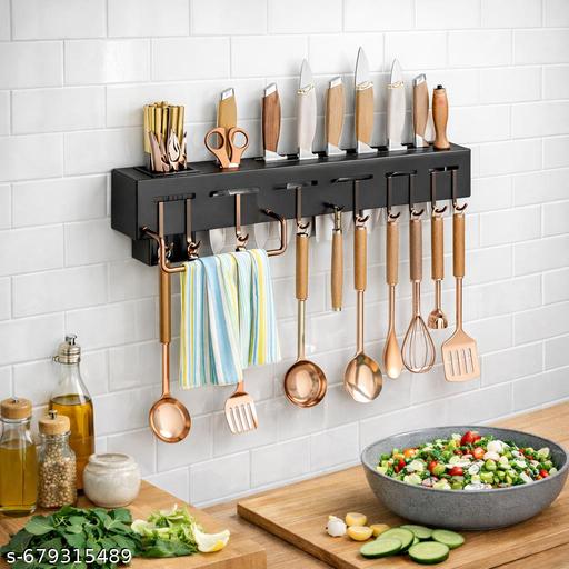 Wall Mounted Kitchen Organizer Rack with Knife Holder, Utensil Hooks & Storage Cups | ABS Plastic Space Saving Kitchen Rack - Ariva Store