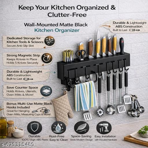 Wall Mounted Kitchen Organizer Rack with Knife Holder, Utensil Hooks & Storage Cups | ABS Plastic Space Saving Kitchen Rack - Ariva Store