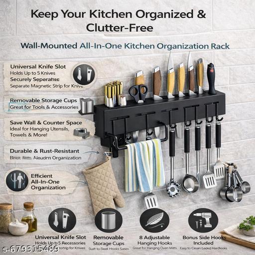 Wall Mounted Kitchen Organizer Rack with Knife Holder, Utensil Hooks & Storage Cups | ABS Plastic Space Saving Kitchen Rack - Ariva Store