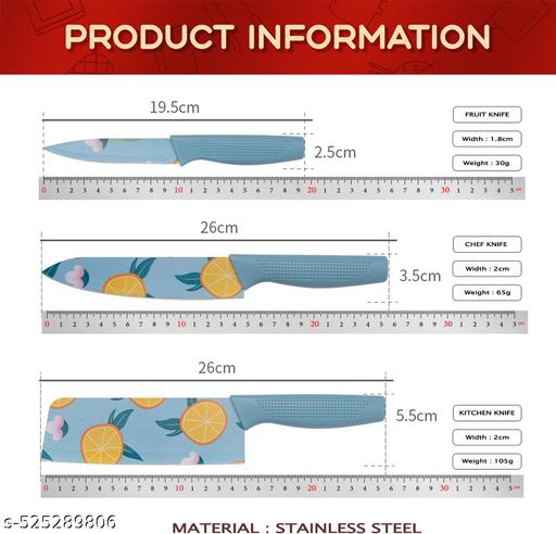 Knife Set for Kitchen Professional 3 Pieces High Carbon Stainless Steel Colour Printed Coated Chef Knife I Utility Knife I Kitchen Knives with Ergonomic Handle-Blue - Ariva Store