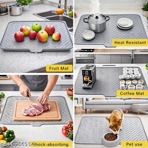 Silicone Dish Drying Mat for Kitchen Built-in Drain Lip - Hygienic Drying Pad Silicone mat for Kitchen Sink & Counter Utensil Drying Mat ( 23 X 17 Inches)(pack of 1) (Grey) - Ariva Store
