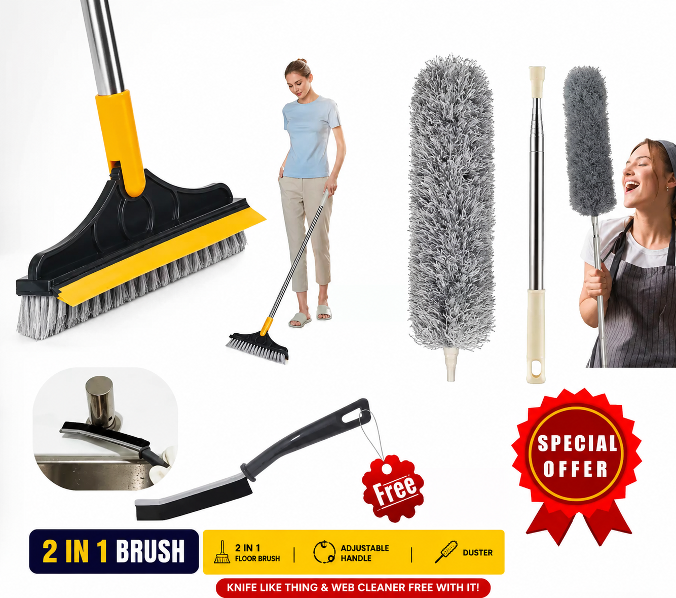 2-in-1 Bathroom Cleaning Brush with Wiper 180° Rotate Toilet Brush and Long Handle Microfiber Feather Ceiling Duster With Free Gap Cleaning Brush   - Ariva Store