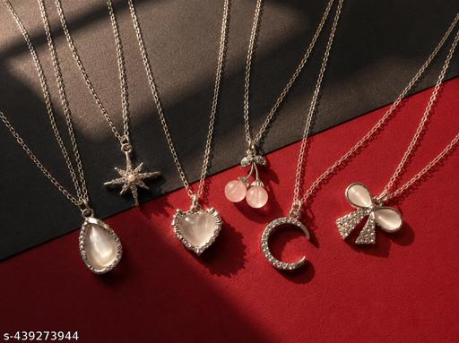 Jewelsbysirani Set of 6 Stylish trendy viral Korean Silver plated American diamond charm pendant necklace for women and girls. - Aurafashion