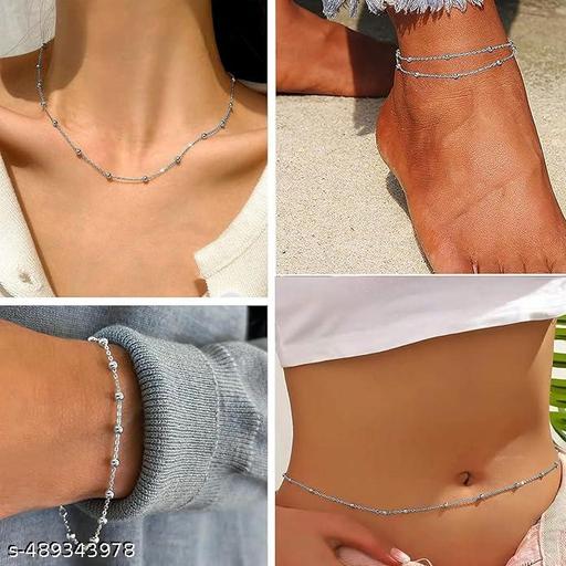  Adjustable Silver Multipurpose Neck, Wrist, Ankle Chain Waist Hip Belly Chain Kamarband  Beads Chains Kamar karddhani Kamar bandh Saree Vaddanam for Girls & Women - Aurafashion