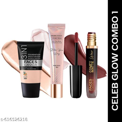 Celeb Glow Combo | Strobe Cream - Rose Gold, 18ml + Hydra Matte Foundation - Rose Ivory, 18ml + Comfy Matte Wow - Cocoa Crush, 3.8ml | SPF 30 | Highlighter | Highly Pigmented | Buildable Coverage | Pack of 3 - Aurafashion