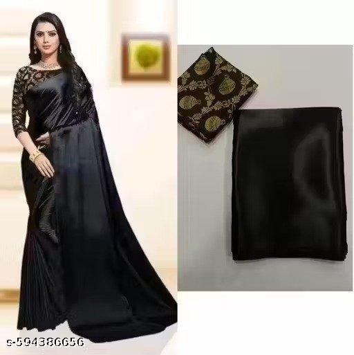 Classic Black Satin Silk Saree - Aurafashion