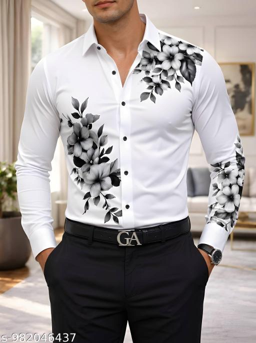 Men Stylish Shirt | White Printed Shirt for Men | Casual Shirt Men Full Sleeve | Slim Fit Party Wear Shirt for Men | Trendy Floral Designer Shirt for Boys | Lycra Shirt Men - Aurafashion