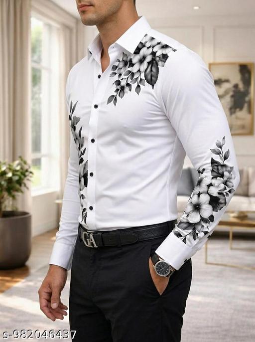 Men Stylish Shirt | White Printed Shirt for Men | Casual Shirt Men Full Sleeve | Slim Fit Party Wear Shirt for Men | Trendy Floral Designer Shirt for Boys | Lycra Shirt Men - Aurafashion