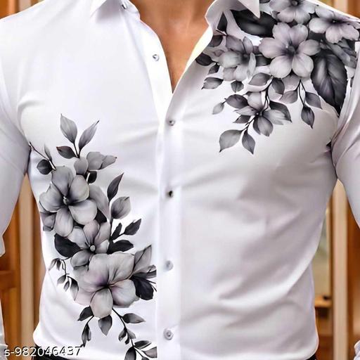 Men Stylish Shirt | White Printed Shirt for Men | Casual Shirt Men Full Sleeve | Slim Fit Party Wear Shirt for Men | Trendy Floral Designer Shirt for Boys | Lycra Shirt Men - Aurafashion
