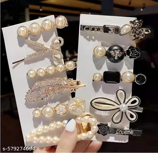 Akshana Pack of 11 Korean Fashion Style Pearl & Rhinestone Hair Pins | Stylish Metal Hair Pins & Hair Accessories Jewellery for Women & Girls | Elegant Party & Daily Wear Hair Styling Set - Aurafashion