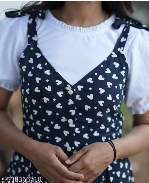 Women's Black Printed dungaree Dress latest kurti for women dungaree for women dungaree dress WhiteTop Dress For Girl Classic Rayon Dungaree dress Women Casual Solid Shoulder Dungaree Dress summer wear for women trending kurti long kurti for women new fency frock women pinafore for women - Aurafashion