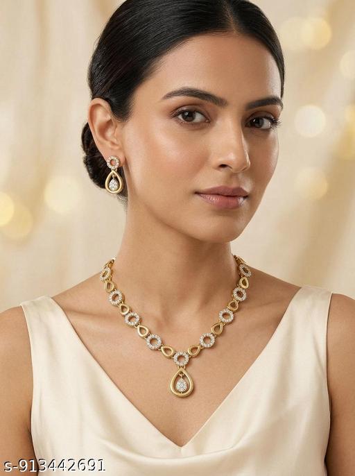    Elegants Gold-Plated American Diamonds Necklace Set with Drops Earrings for Women - Aurafashion