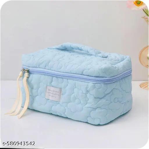 Quilted Cotton Makeup Bag for Women – Large Capacity Travel Cosmetic Toiletry Organizer with Floral Design | Portable Handheld Zipper Pouch for Skincare, Accessories & Daily Essentials - Aurafashion