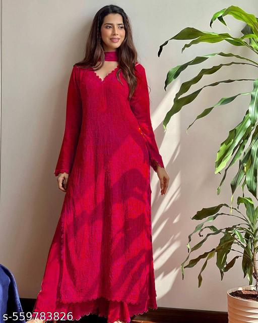 woman Kurta With Dupatta and Bottomwear ready to wear (Red) - Aurafashion
