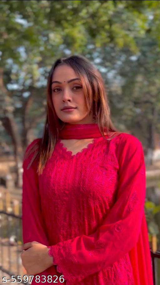 woman Kurta With Dupatta and Bottomwear ready to wear (Red) - Aurafashion