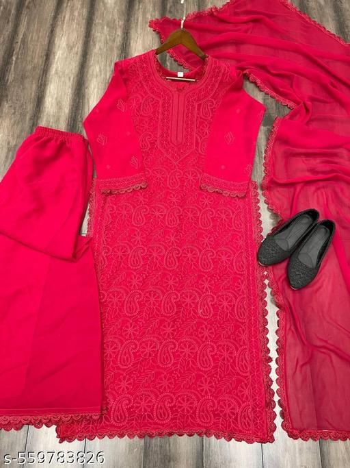 woman Kurta With Dupatta and Bottomwear ready to wear (Red) - Aurafashion