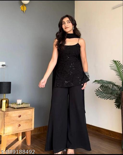 Women’s Elegante Black Faux Georgette  Sequins Kurta with Palazzo Set ||Trendy Black Sleeveless Kurta Palazzo Set for Women                                                                                            - Aurafashion