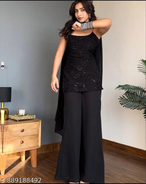 Women’s Elegante Black Faux Georgette  Sequins Kurta with Palazzo Set ||Trendy Black Sleeveless Kurta Palazzo Set for Women                                                                                            - Aurafashion