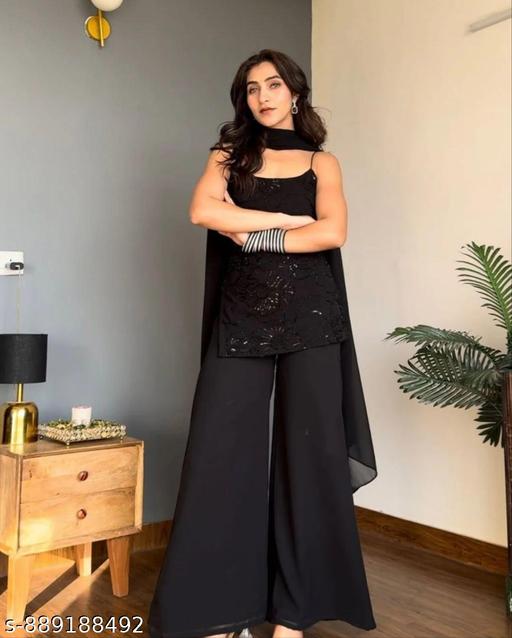 Women’s Elegante Black Faux Georgette  Sequins Kurta with Palazzo Set ||Trendy Black Sleeveless Kurta Palazzo Set for Women                                                                                            - Aurafashion
