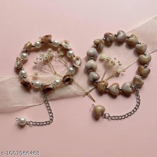 2 PCS Rose Flower & Heart Bead Bracelet Set for Women | Korean Style Adjustable Bracelets | Pearl & Heart Charm Fashion Jewelry | Trendy Aesthetic Daily Wear Accessories | Gift for Girls, Sister, Wife | Navratri, Rakhi & Christmas Gift - Aurafashion