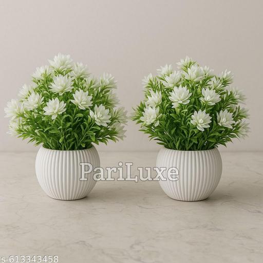 Elegant White Artificial Flower Pot Set for Home & Office Decor (2 Pcs, 7 Inch Height) - Aurafashion