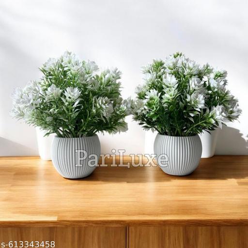 Elegant White Artificial Flower Pot Set for Home & Office Decor (2 Pcs, 7 Inch Height) - Aurafashion