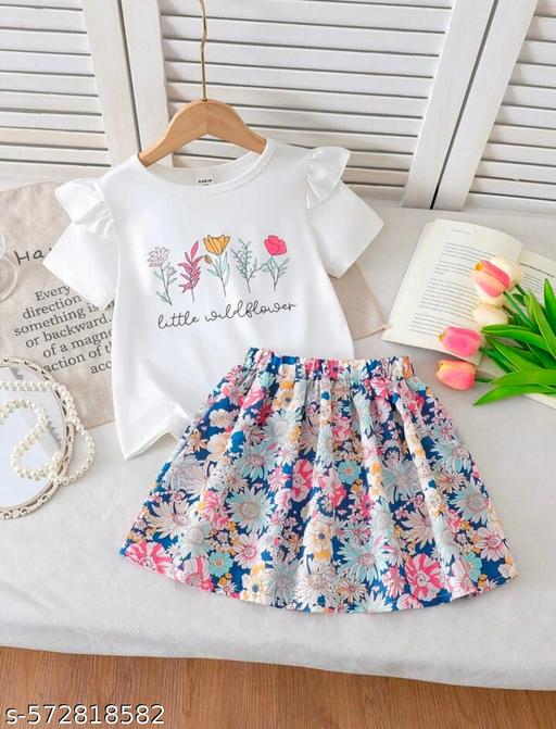 New Trending Baby Kids Shirred Printed Bow Shoulder Cami Top With White Rose Skirt - 2 Pcs Outfit Set for Kids Baby Girl | Baby Girl Party Wear Dress | Dress for Baby Girl | Baby Girls Casual Wear Short Sleeve Dress - Aurafashion