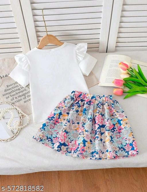 New Trending Baby Kids Shirred Printed Bow Shoulder Cami Top With White Rose Skirt - 2 Pcs Outfit Set for Kids Baby Girl | Baby Girl Party Wear Dress | Dress for Baby Girl | Baby Girls Casual Wear Short Sleeve Dress - Aurafashion
