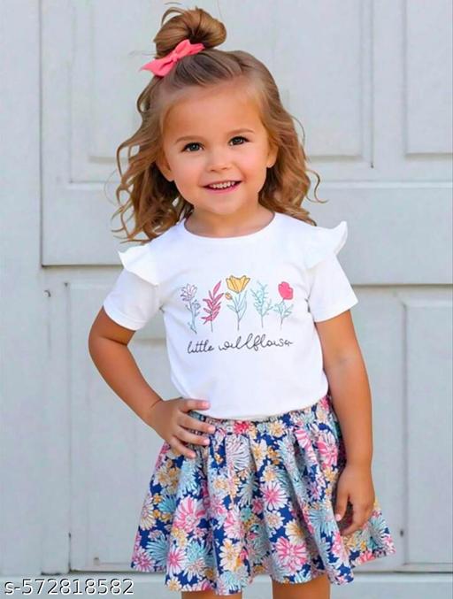 New Trending Baby Kids Shirred Printed Bow Shoulder Cami Top With White Rose Skirt - 2 Pcs Outfit Set for Kids Baby Girl | Baby Girl Party Wear Dress | Dress for Baby Girl | Baby Girls Casual Wear Short Sleeve Dress - Aurafashion