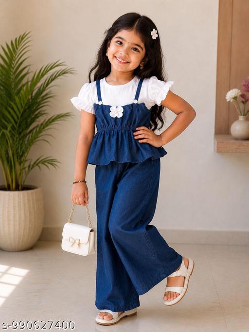 Premium Girls Three-Piece Denim Jumpsuit Dress Set - Aurafashion
