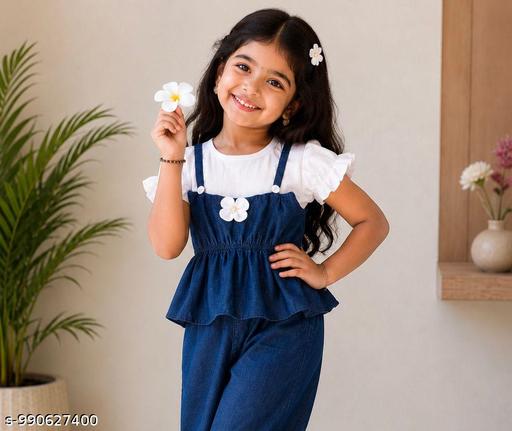 Premium Girls Three-Piece Denim Jumpsuit Dress Set - Aurafashion
