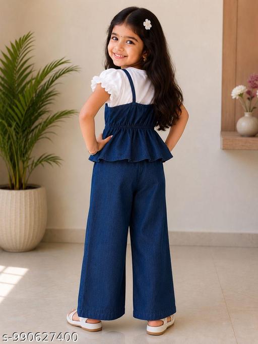 Premium Girls Three-Piece Denim Jumpsuit Dress Set - Aurafashion