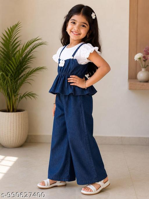 Premium Girls Three-Piece Denim Jumpsuit Dress Set - Aurafashion