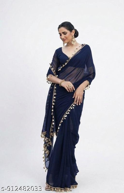 Beautiful Georgette Saree with Fancy Tassel Border and Matching Unstitched Blouse Piece – Elegant Party Wear, Wedding & Festive Ethnic Saree for Women - Aurafashion