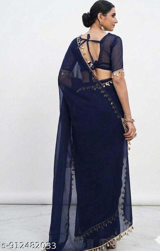 Beautiful Georgette Saree with Fancy Tassel Border and Matching Unstitched Blouse Piece – Elegant Party Wear, Wedding & Festive Ethnic Saree for Women - Aurafashion