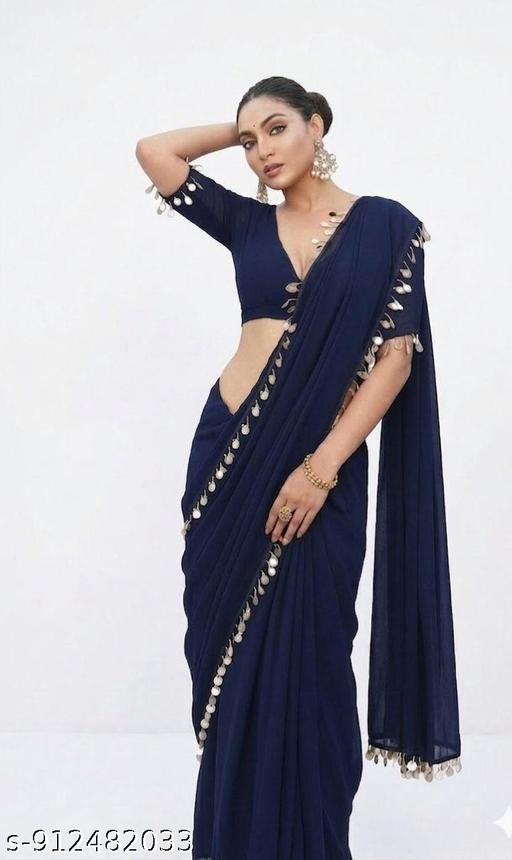 Beautiful Georgette Saree with Fancy Tassel Border and Matching Unstitched Blouse Piece – Elegant Party Wear, Wedding & Festive Ethnic Saree for Women - Aurafashion