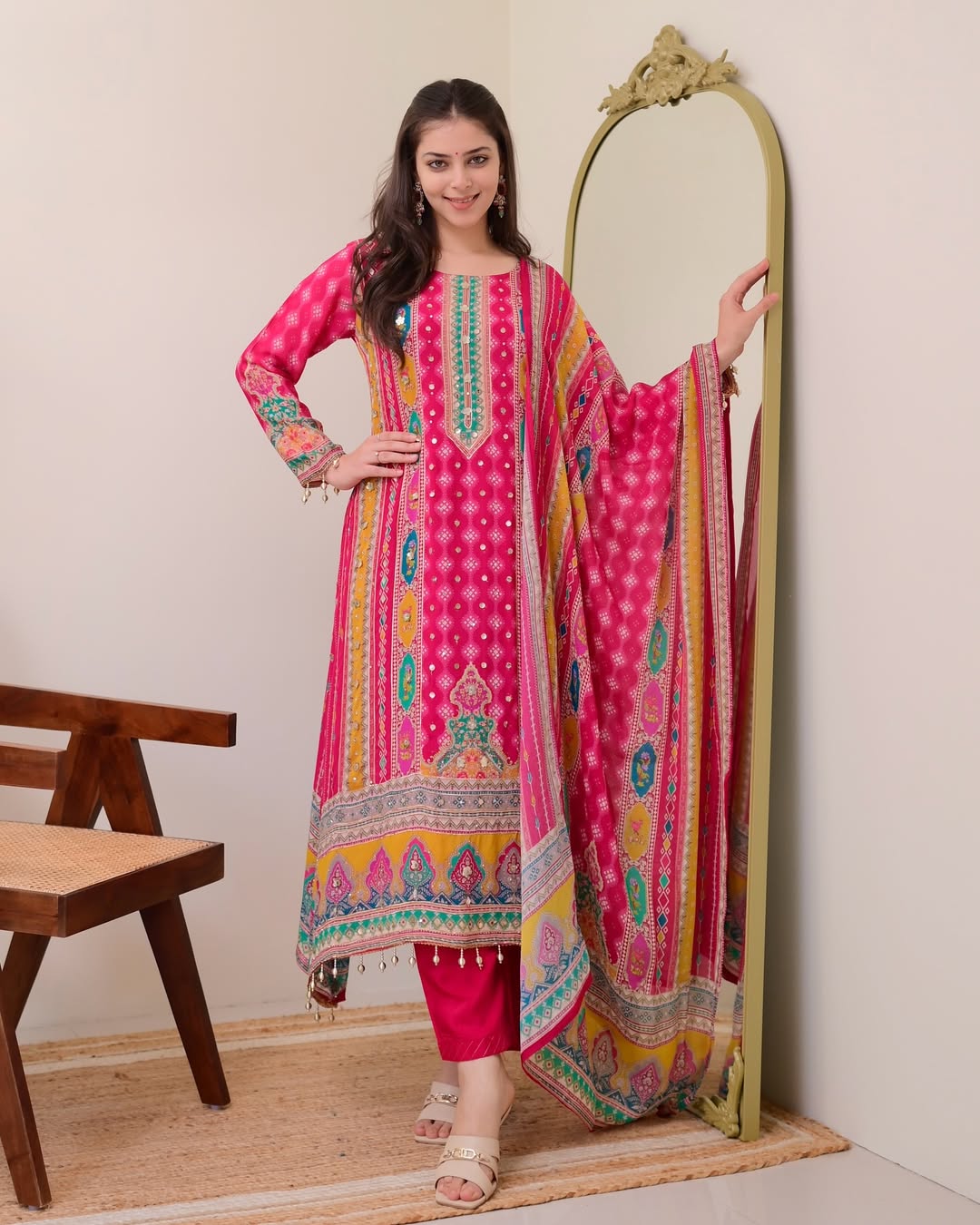 Vibrant Rani Pink Printed Suit Set - Aurafashion