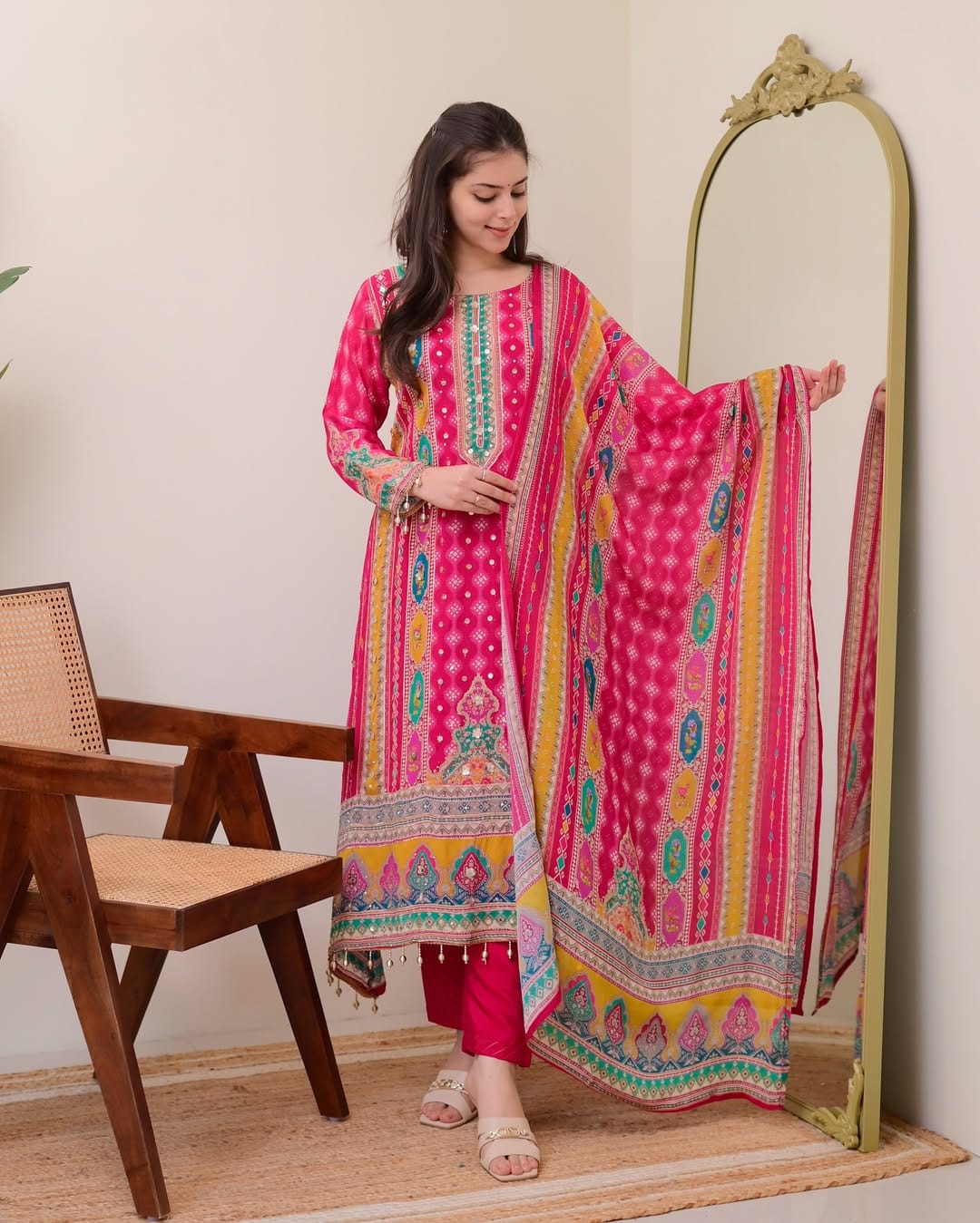 Vibrant Rani Pink Printed Suit Set - Aurafashion